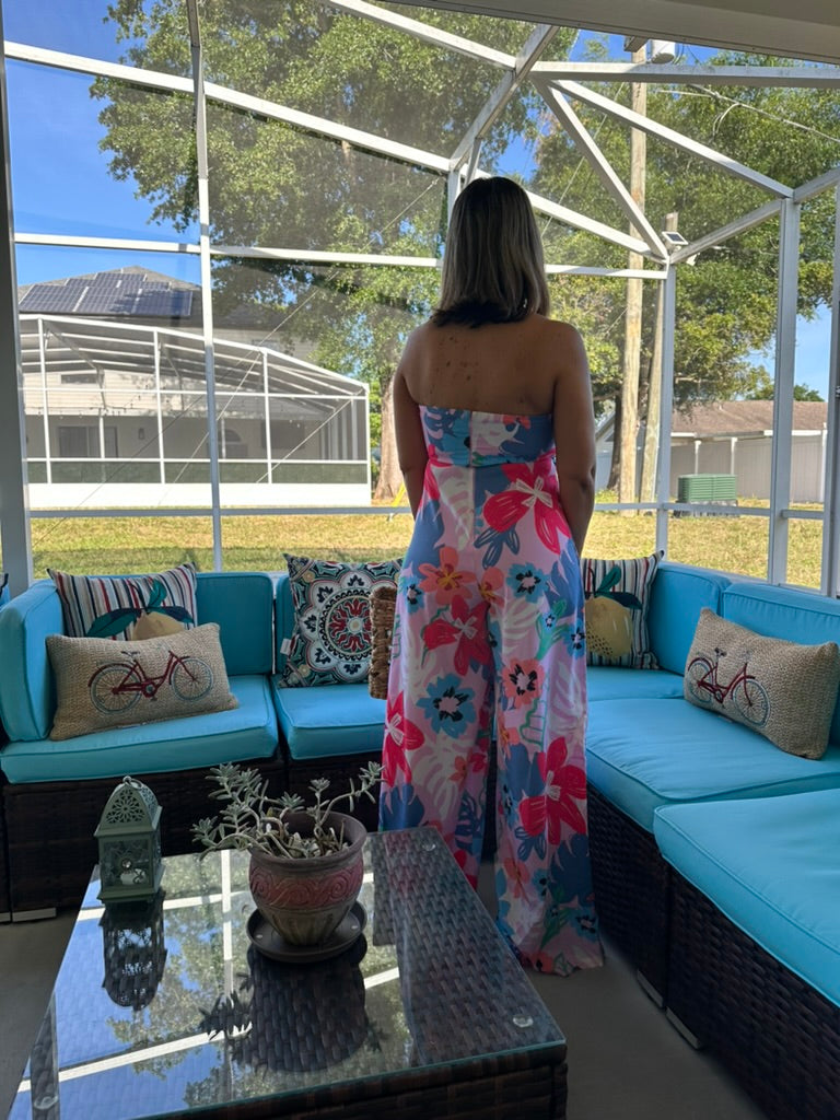 Flower Print Strapless Heart Neck Front Tie Jumpsuit