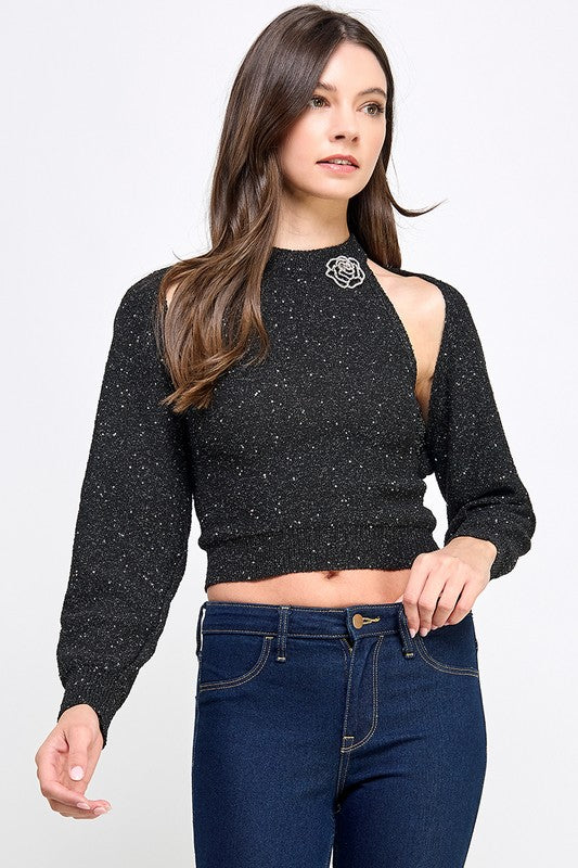 Black Halter & Cardigan Set Top