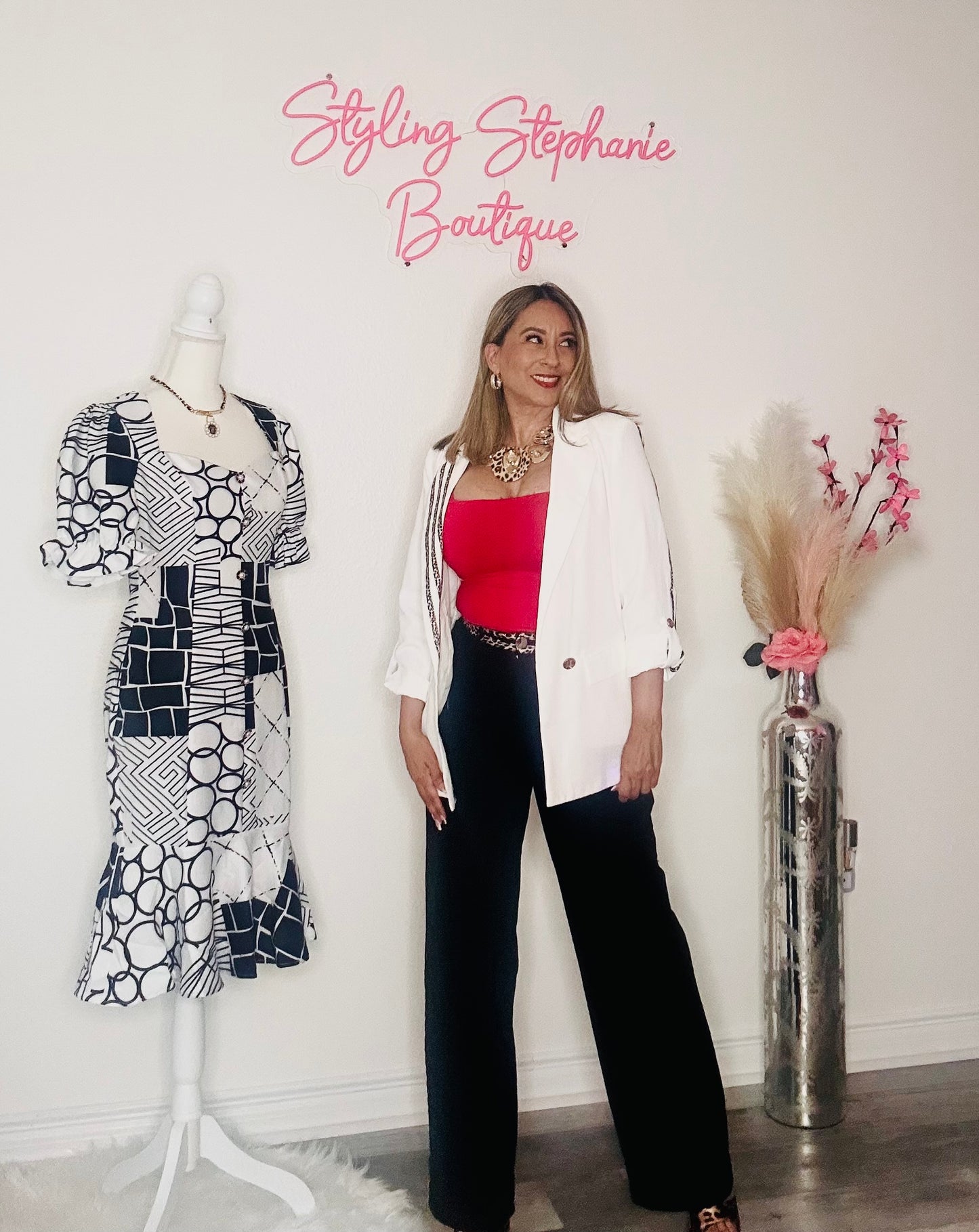 White with Animal Print Contrast Blazer