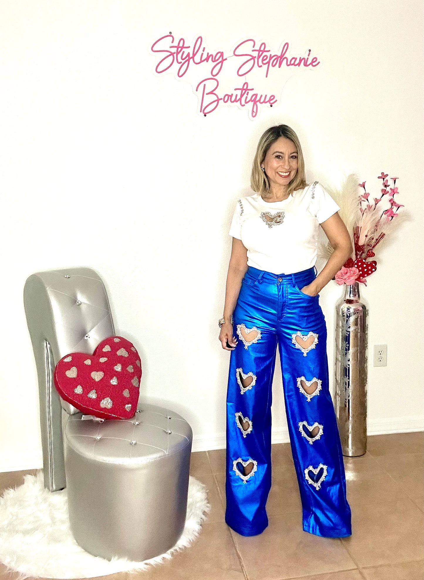 Blue-tiful heart rhinestone pants