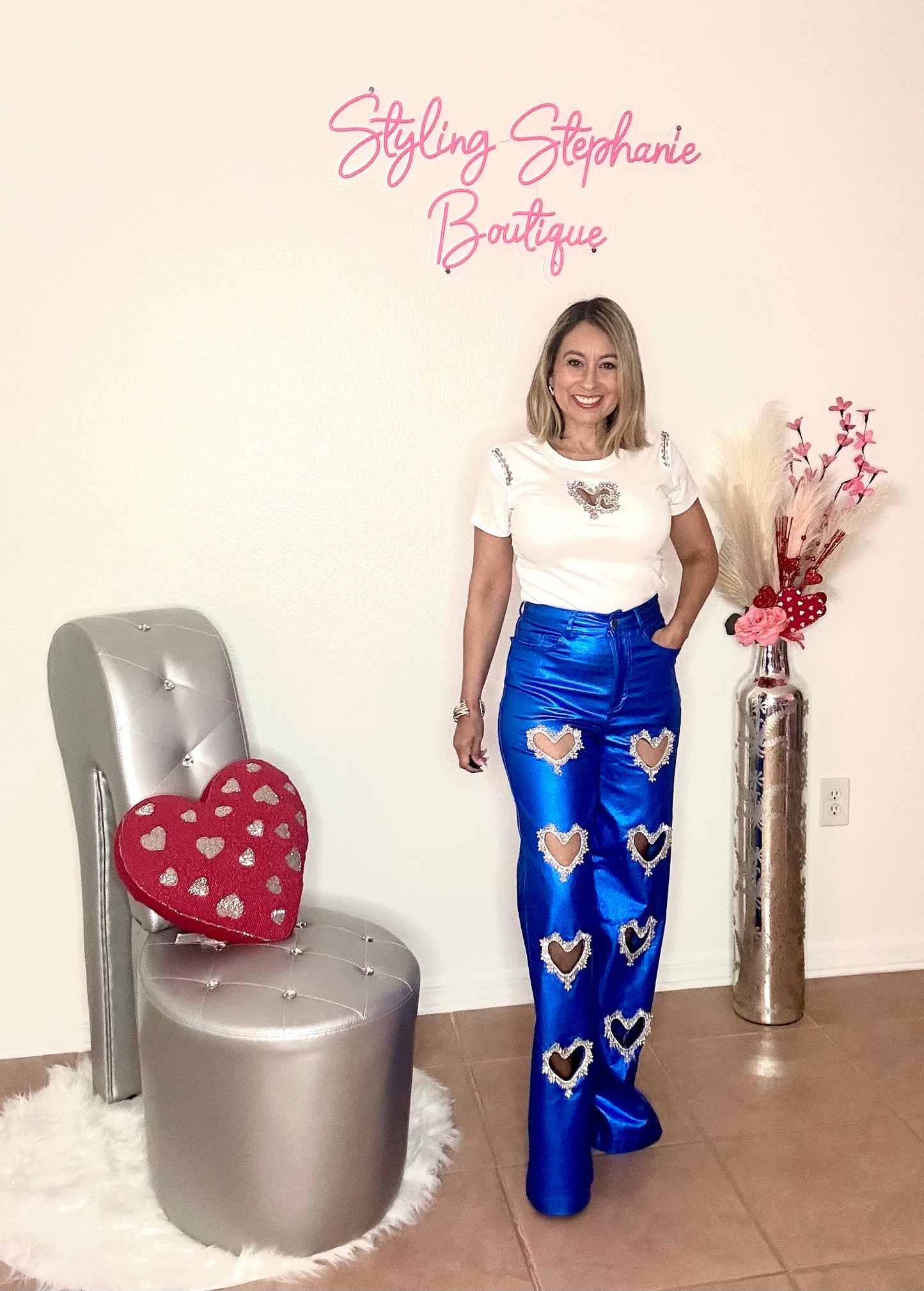 Blue-tiful heart rhinestone pants