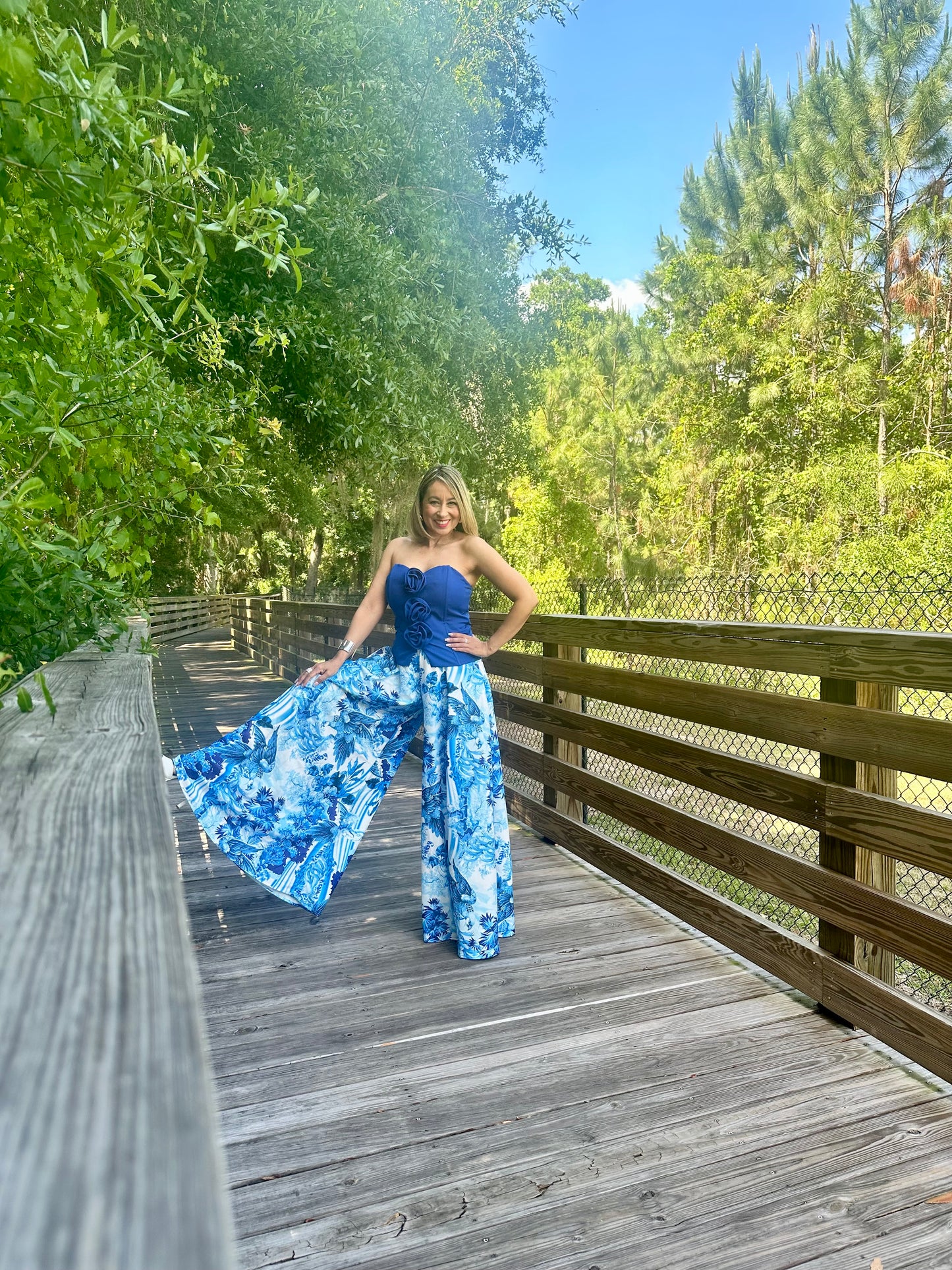 Blue Bird Floral Print Wide Leg Palazzo Pants