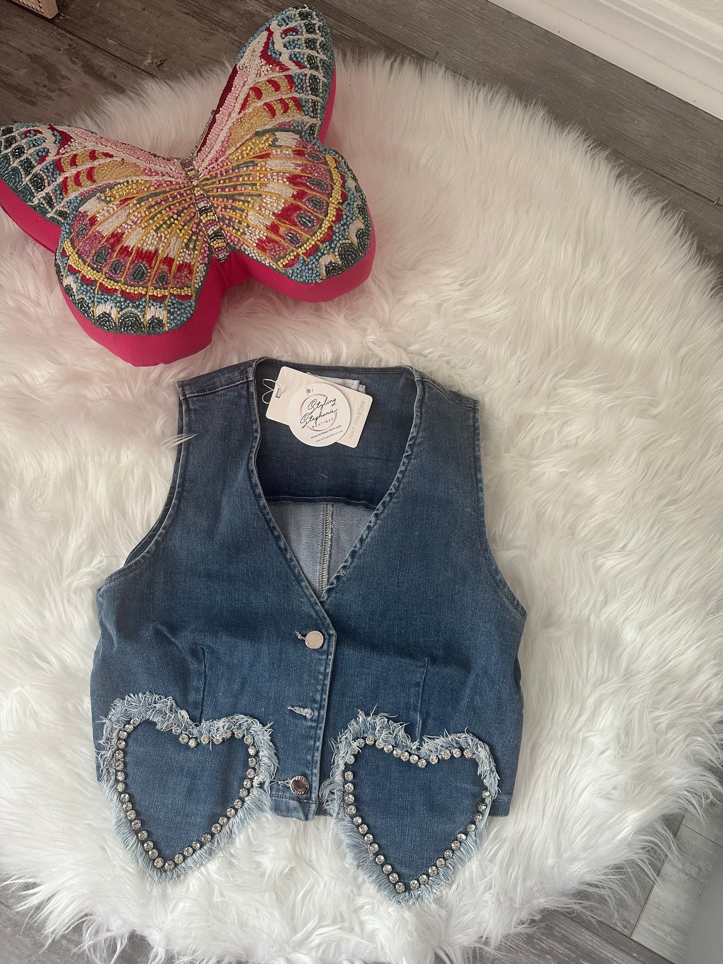 Denim Heart Rhinestone Vest