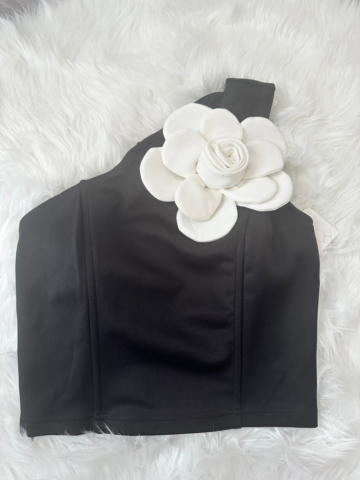 Black One Shoulder White Flower Corsage