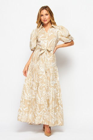 Taupe Woven Palm Print Bubble Sleeve Button-Down Maxi Dress