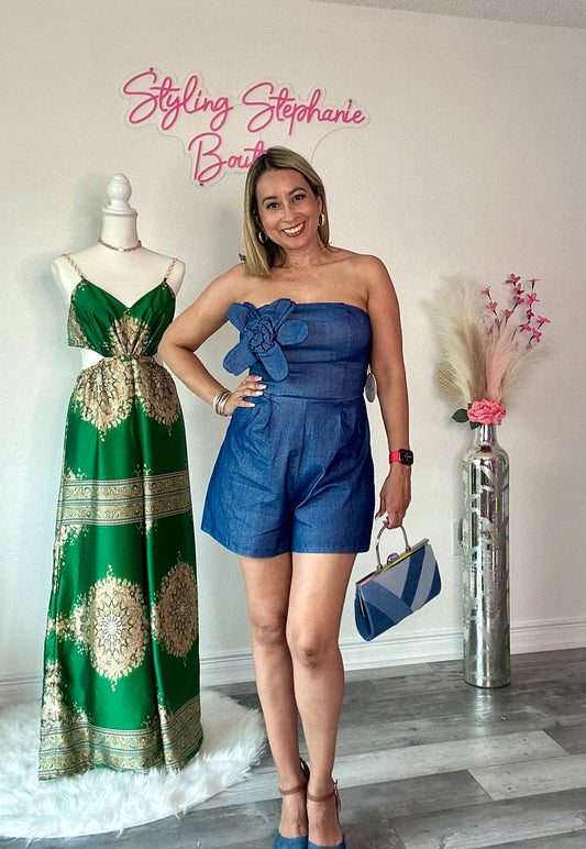 Denim Strapless Tube Top Romper With Over Size Flower Detail