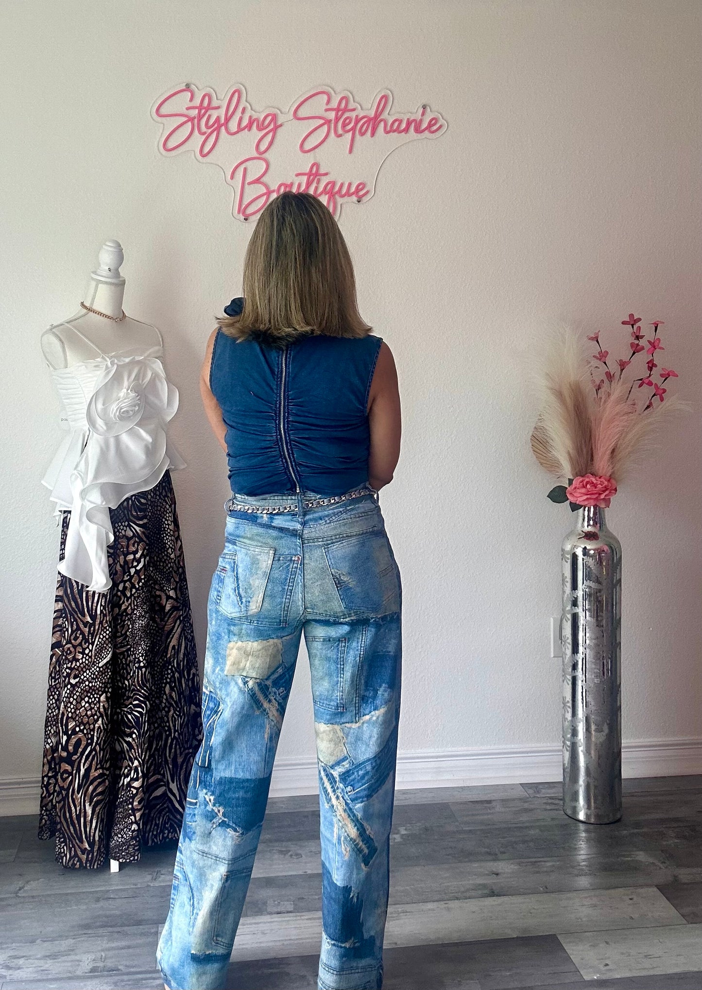 Denim Print Patch Pants