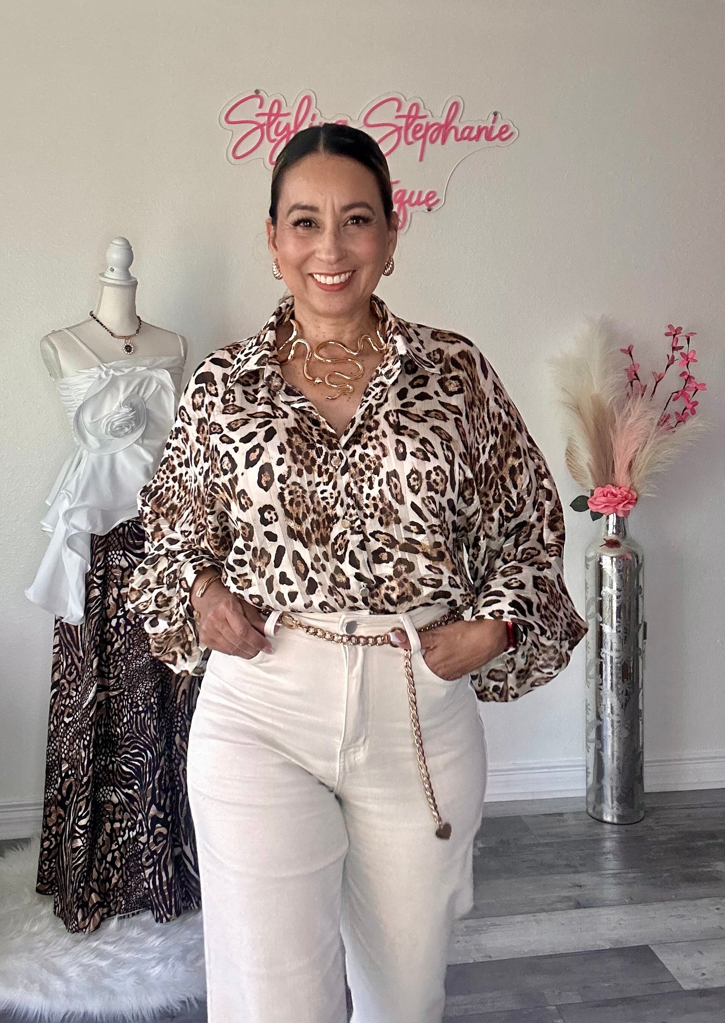 Animal Print Long Sleeve Button Down Blouse