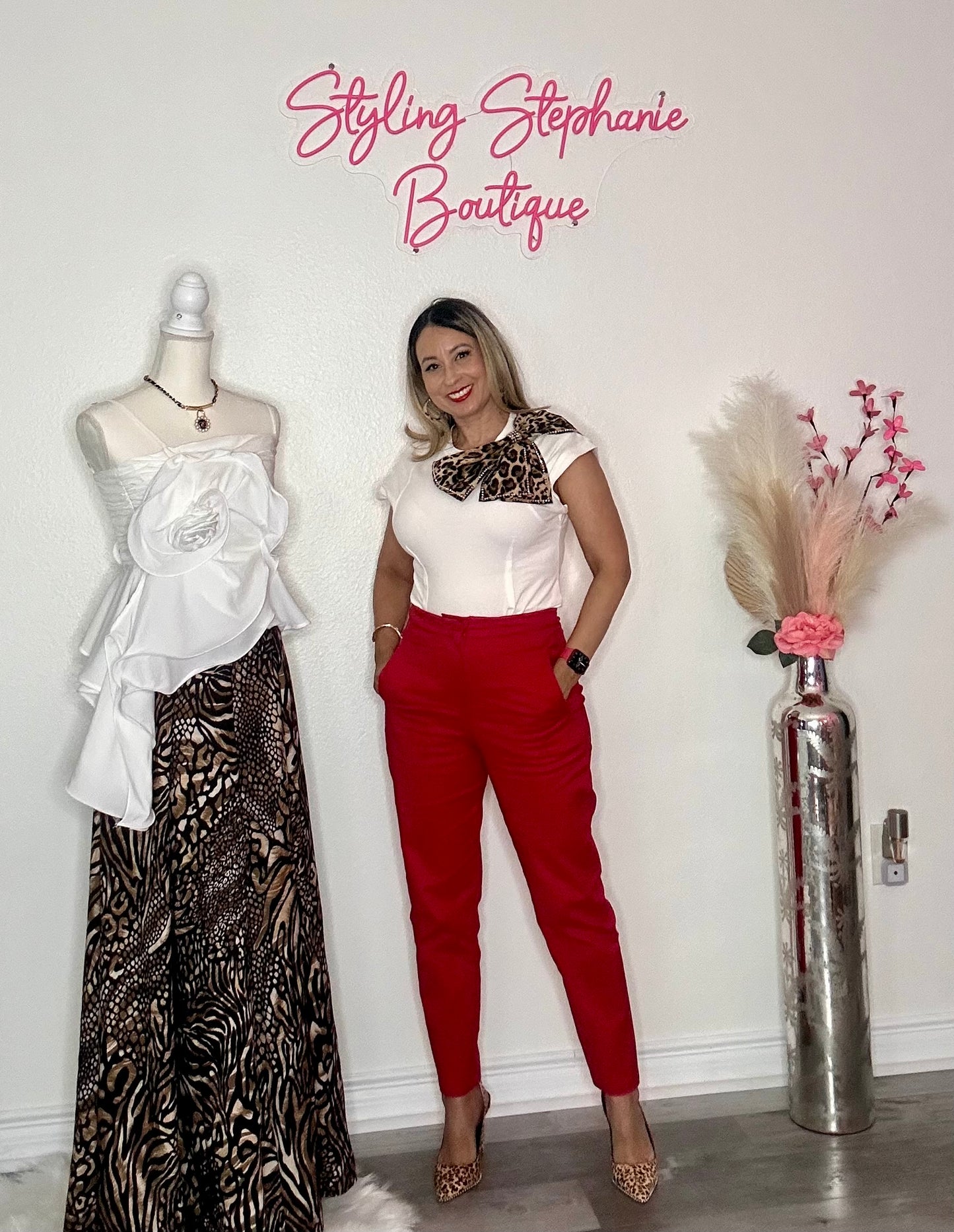 Red High Waist Cigarette Pants